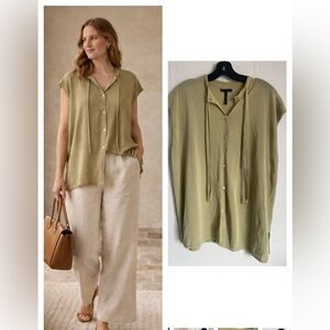 Sarah Pacini Olive Green Button Top OS Sheer Cotton Minimalist Quiet Luxury